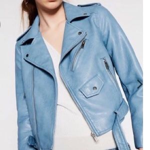 NWOT Zara vegan leather baby blue biker jacket, size XS